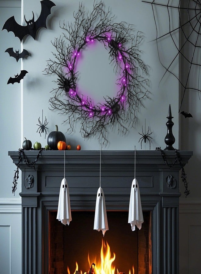 Adroiteet Halloween 24 Inch Black Spider Artificial Wreath with Purple Lights, Spooky Front Door Decorations for Indoor Outdoor Holiday Party - Image 5