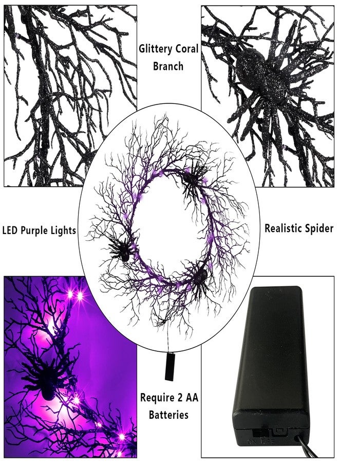 Adroiteet Halloween 24 Inch Black Spider Artificial Wreath with Purple Lights, Spooky Front Door Decorations for Indoor Outdoor Holiday Party - Image 4