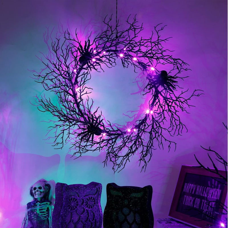 Adroiteet Halloween 24 Inch Black Spider Artificial Wreath with Purple Lights, Spooky Front Door Decorations for Indoor Outdoor Holiday Party - Image 1