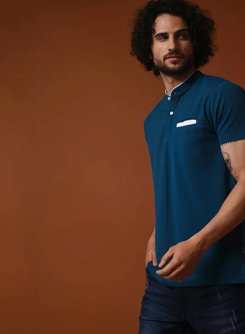 Campus Sutra Campus Sutra Men's Teal Blue T-Shirt With Contrast Detail For Casual Wear | Mandarin Collar | Short Sleeve | Half-Button Closure | Cotton T-Shirt Crafted With Comfort Fit For Everyday Wear