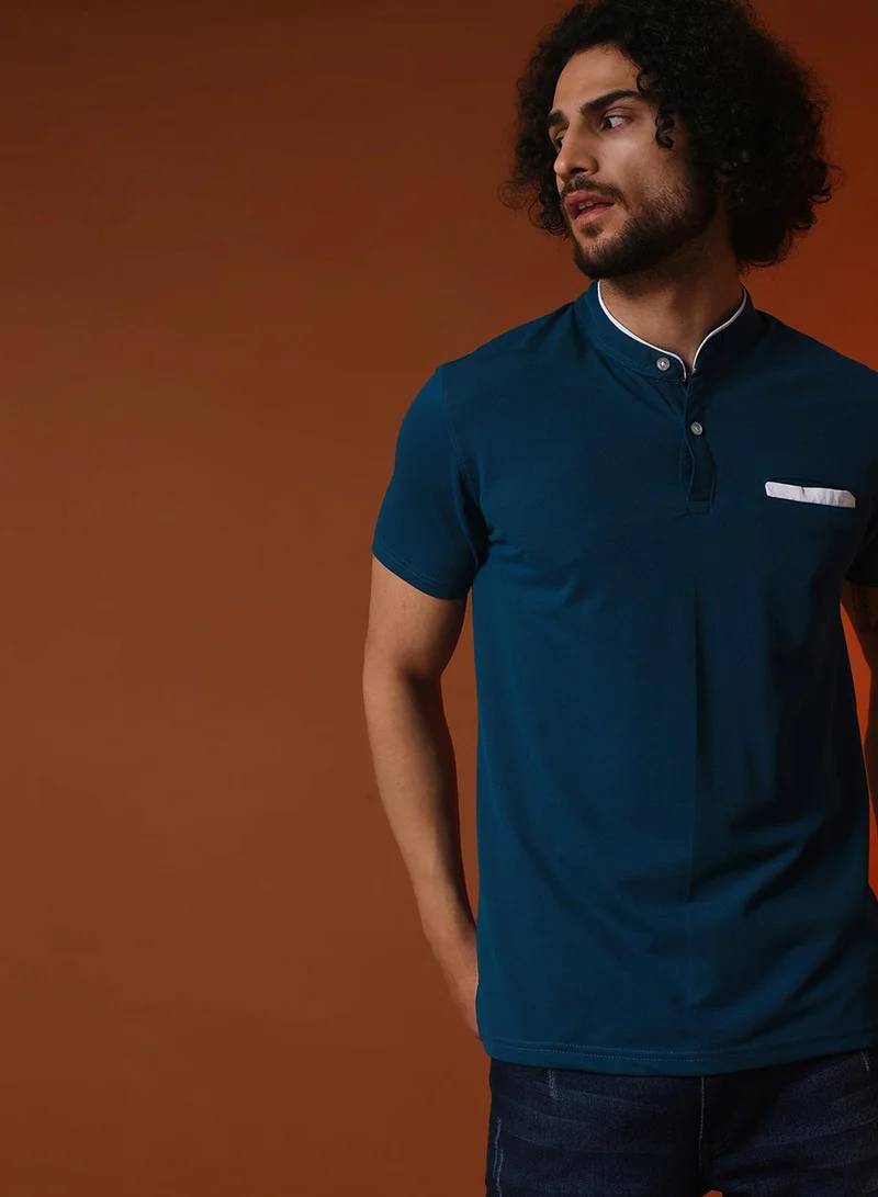 Campus Sutra Campus Sutra Men's Teal Blue T-Shirt With Contrast Detail For Casual Wear | Mandarin Collar | Short Sleeve | Half-Button Closure | Cotton T-Shirt Crafted With Comfort Fit For Everyday Wear