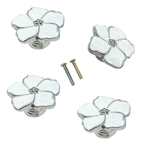 LLDYNW 4pcs White Flower Petal Handles Kitchen Cabinet Drawer Knobs & Pulls (Silver, 8 Screws) - Image 1