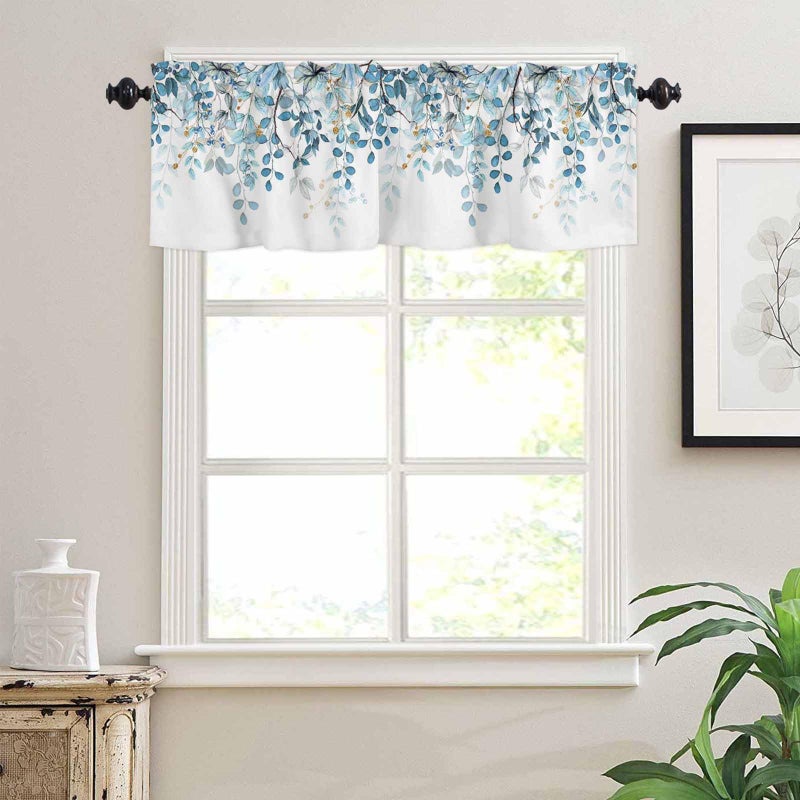 AYTTBIS Blue Eucalyptus Leaves Curtain Valance for Windows Watercolor Window Treatments 1 Panel Short Curtains for Kitchen Windows Bathroom Bedroom,42 x 12 Inch - Image 3
