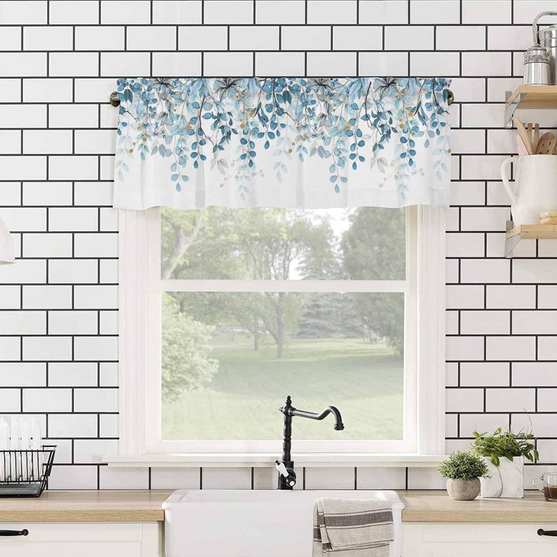 AYTTBIS Blue Eucalyptus Leaves Curtain Valance for Windows Watercolor Window Treatments 1 Panel Short Curtains for Kitchen Windows Bathroom Bedroom,42 x 12 Inch - Image 4