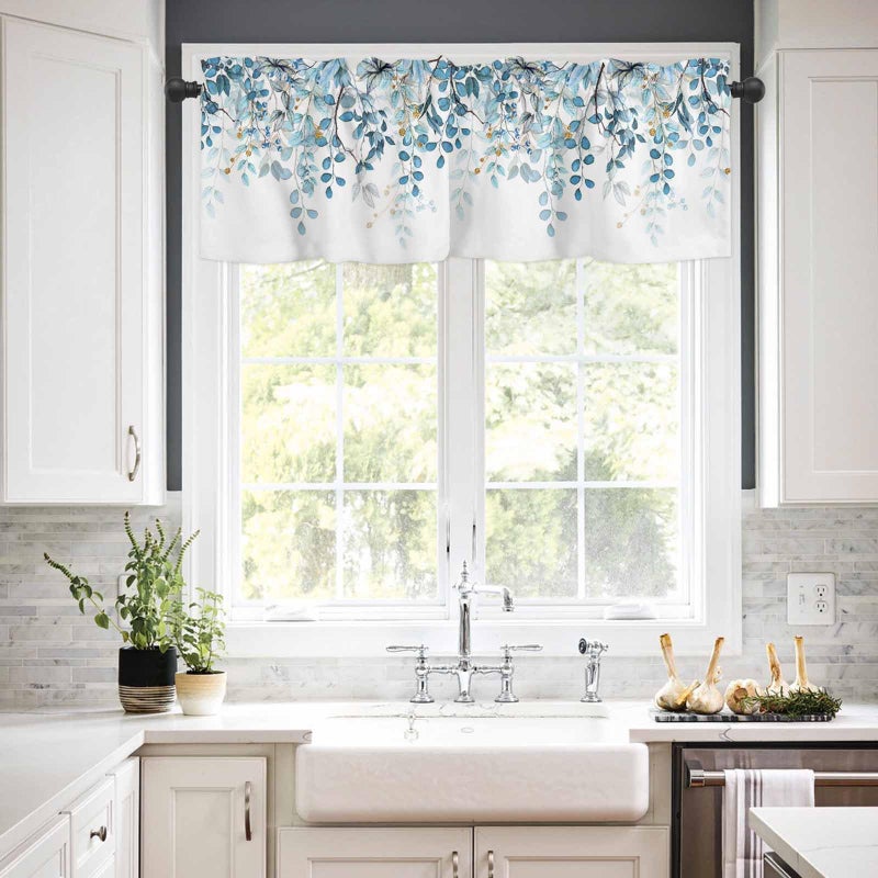 AYTTBIS Blue Eucalyptus Leaves Curtain Valance for Windows Watercolor Window Treatments 1 Panel Short Curtains for Kitchen Windows Bathroom Bedroom,42 x 12 Inch - Image 2