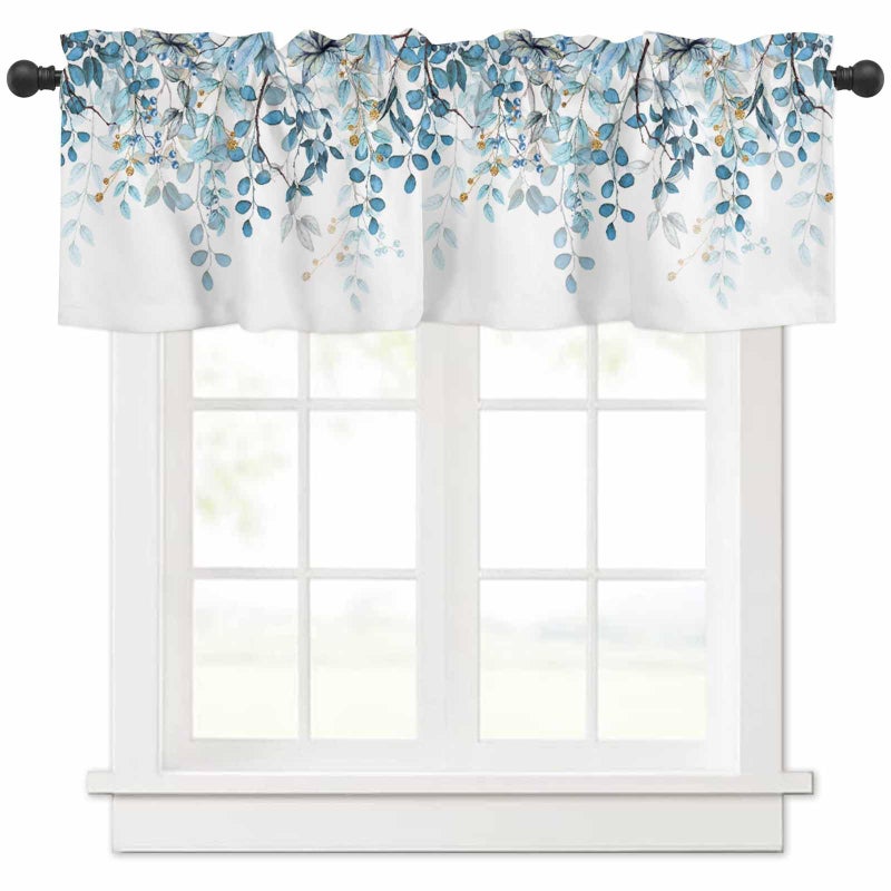 AYTTBIS Blue Eucalyptus Leaves Curtain Valance for Windows Watercolor Window Treatments 1 Panel Short Curtains for Kitchen Windows Bathroom Bedroom,42 x 12 Inch - Image 1
