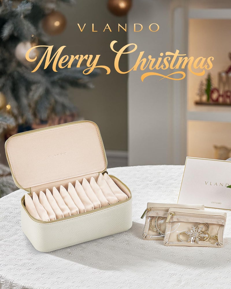 Vlando Travel Jewelry Case,Jewelry Box with 12 Velvet Jewelry Pouch Jewelry Travel Organizer for Women Girl Jewelry Case Necklace Rings Earrings Bags Wedding Gifts (White) - Image 2