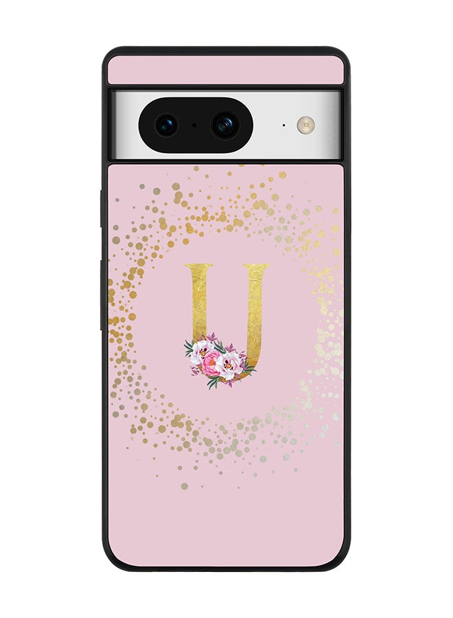 Stylizedd Rugged Black Edge case for Google Pixel 8, Slim fit Thin Phone Case Cover- Custom Monogram Initial Letter Floral Pattern Alphabet - U (Pink) - Image 1