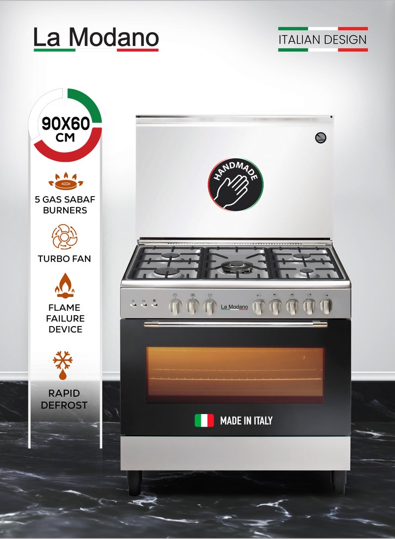 La Modano طباخ غاز INOX 90 سم مع 5 شعلات غاز، غطاء زجاجي مقوى، لمسة نهائية من الفولاذ، باب فرن زجاجي مزدوج، إشعال ذاتي، شواية، مروحة توربو، جهاز إطفاء اللهب، وظائف طهي متعددة - LMC901GG - Image 1