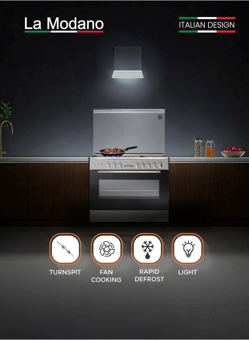 La Modano طباخ غاز INOX 90 سم مع 5 شعلات غاز، غطاء زجاجي مقوى، لمسة نهائية من الفولاذ، باب فرن زجاجي مزدوج، إشعال ذاتي، شواية، مروحة توربو، جهاز إطفاء اللهب، وظائف طهي متعددة - LMC901GG - Image 5