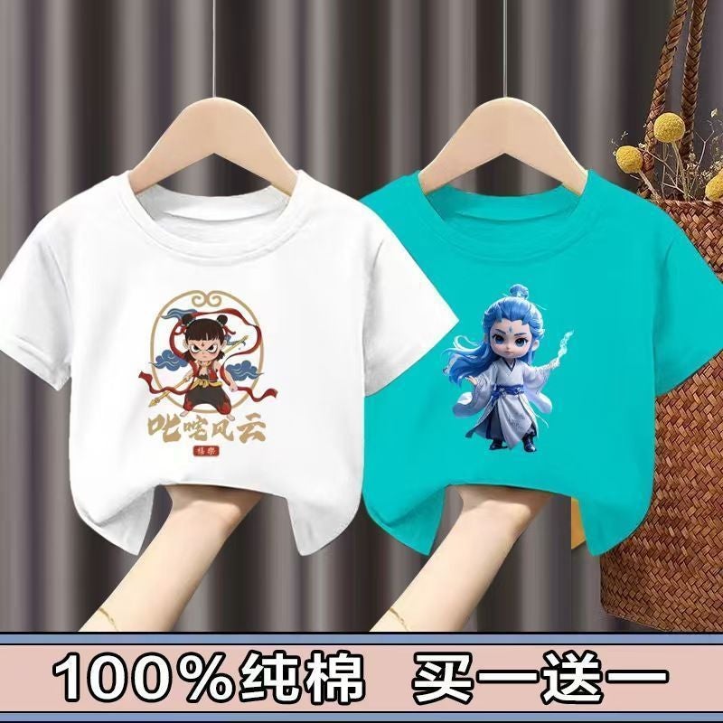 100 Cotton Nacha Boys and Girls Short-sleeved T-shirt Summer New Children's Baby Cartoon Half-sleeved Top Children's Wear 12 - Image 1