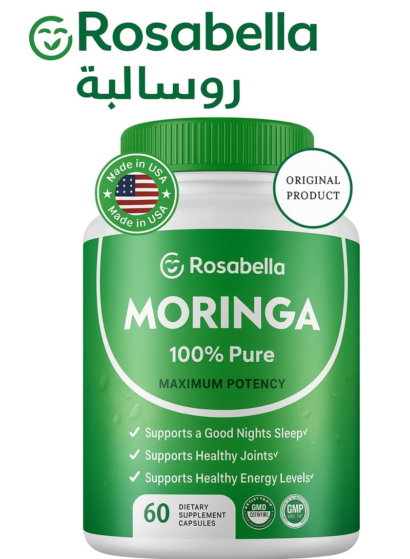 Rosabella Moringa Powder Capsules - Pure Nutrient-Rich Moringa Powder - A Natural Green Antioxidant Superfood - Supports Energy, Skin Health, Gut Health+ - w/Essential Vitamins & Amino Acids A1  - Image 1