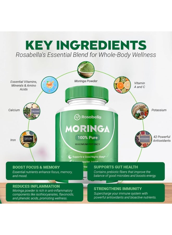 Rosabella Moringa Powder Capsules - Pure Nutrient-Rich Moringa Powder - A Natural Green Antioxidant Superfood - Supports Energy, Skin Health, Gut Health+ - w/Essential Vitamins & Amino Acids A1  - Image 2