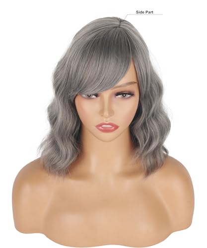 SYMEIW Short Gray Wavy Wigs For Black Women With Bangs - Synthetic Silver Grey Wavy Wigs For Daily Use - Image 5