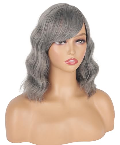 SYMEIW Short Gray Wavy Wigs For Black Women With Bangs - Synthetic Silver Grey Wavy Wigs For Daily Use - Image 3