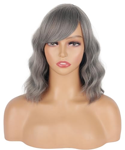SYMEIW Short Gray Wavy Wigs For Black Women With Bangs - Synthetic Silver Grey Wavy Wigs For Daily Use - Image 1