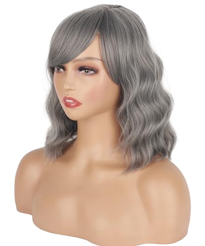 SYMEIW Short Gray Wavy Wigs For Black Women With Bangs - Synthetic Silver Grey Wavy Wigs For Daily Use - Image 2