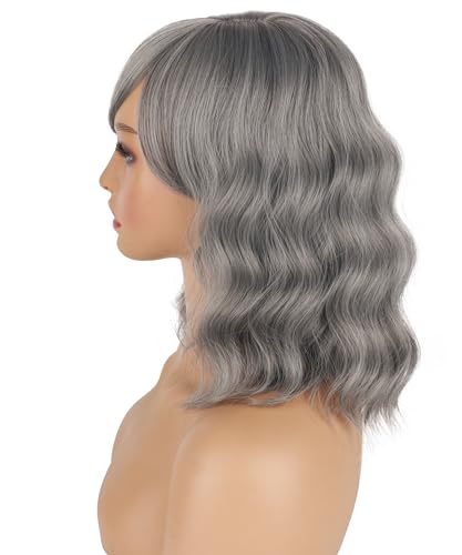 SYMEIW Short Gray Wavy Wigs For Black Women With Bangs - Synthetic Silver Grey Wavy Wigs For Daily Use - Image 4