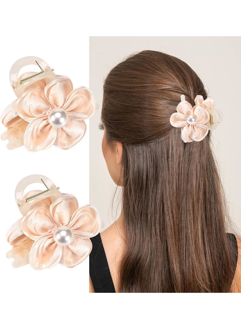 SOLARAE Flower Pearl Hair Clips, 2 PCS Champagne Flower Jaw Hair Clamps for Women Girls, Nonslip FashionHair Clip, Strong Hold Bangs Pins Hair Accessories, Sweet Tiny Hair Clips - Image 1