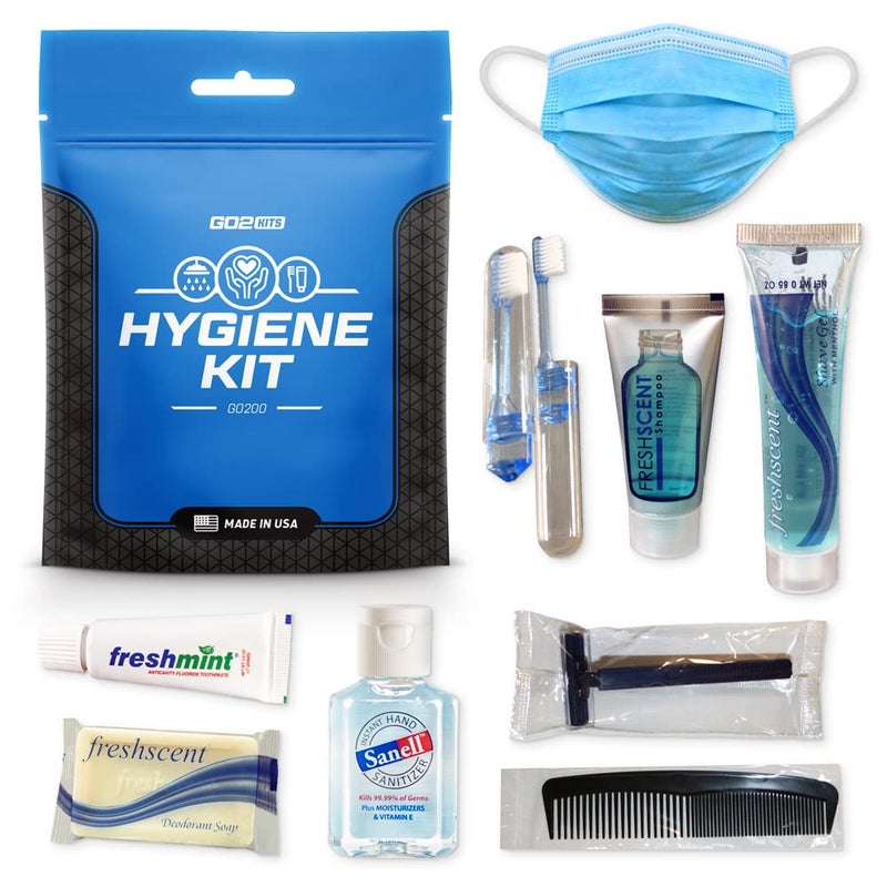 Ultimate Travel Toiletry Kit & PPE Kit, Hygiene Kit with Shaving Supplies & PPE for Travel, Business & Charity with Reusable Toothbrush, Bath Soap & Other Essential Toiletries, 1-Pack