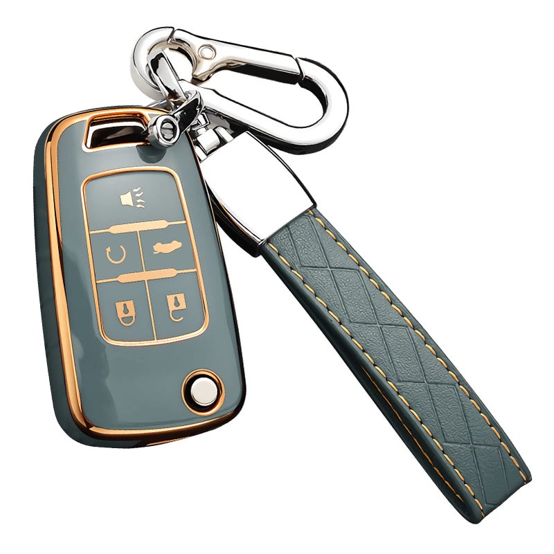 Cacacar for Chevy Key Fob Cover with Keychain Premium TPU Full Protection Key Fob Case for Chevrolet Equinox Camaro Cruze Malibu Sonic Buick Terrain 5 buttons Gray
