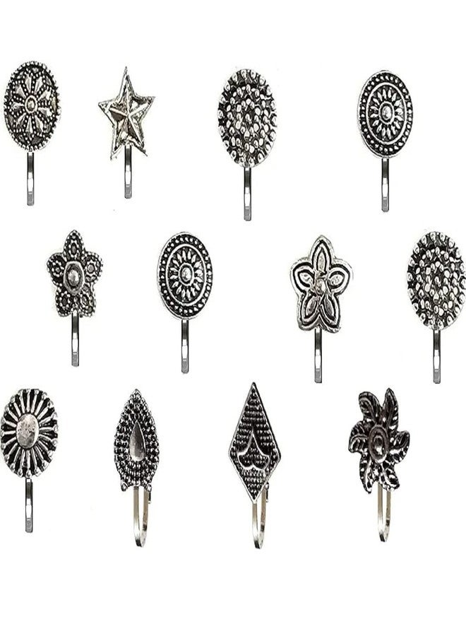 Ublic Oxidized Designer Studs Nose Pin For Stylish Women & Girls | Pressing Nose Rings For Women | Oxidised Nose Pin Without Piercing (Black Color) - Image 1