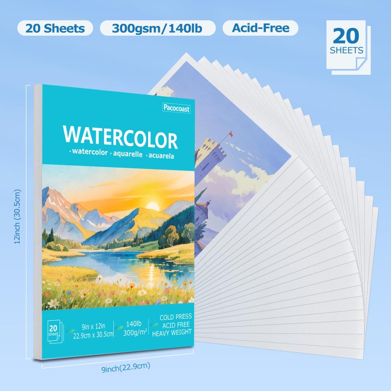 Pacocoast Watercolor Paper, 9"X12" Cold Press Water Color Paper Pad, (300gsm/140lb) Artist Sketchbook for Acrylic, Gouache & Pencil. Painting Drawing Paper Book, Art Supplies for Adults, Teal - Image 2