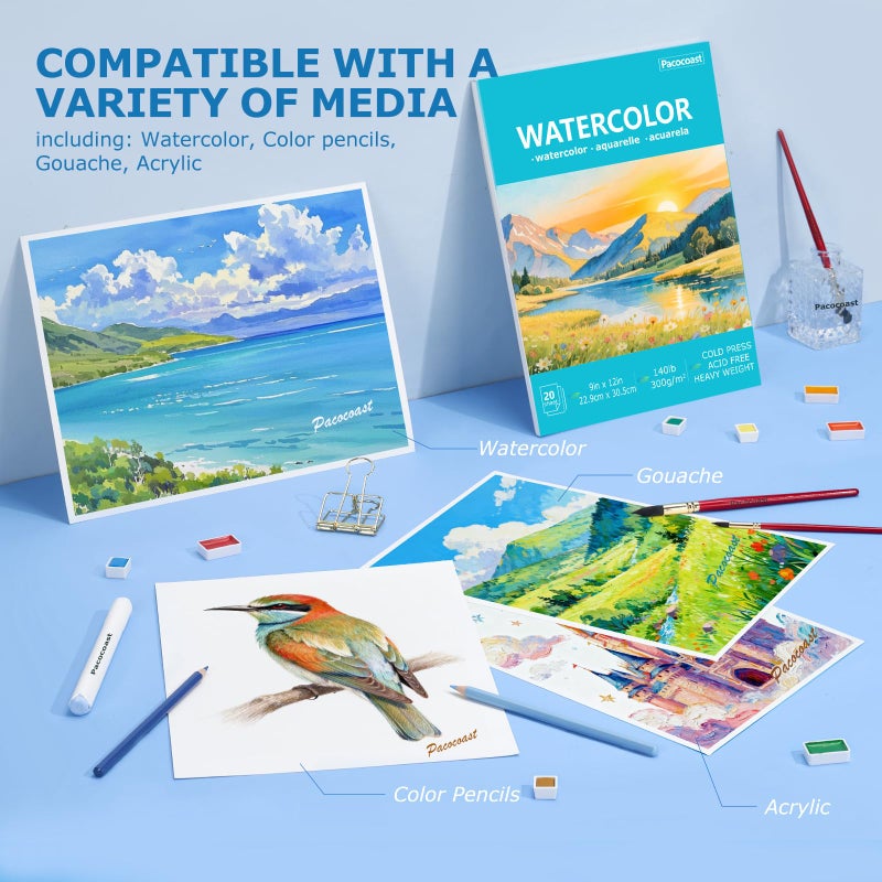 Pacocoast Watercolor Paper, 9"X12" Cold Press Water Color Paper Pad, (300gsm/140lb) Artist Sketchbook for Acrylic, Gouache & Pencil. Painting Drawing Paper Book, Art Supplies for Adults, Teal - Image 5