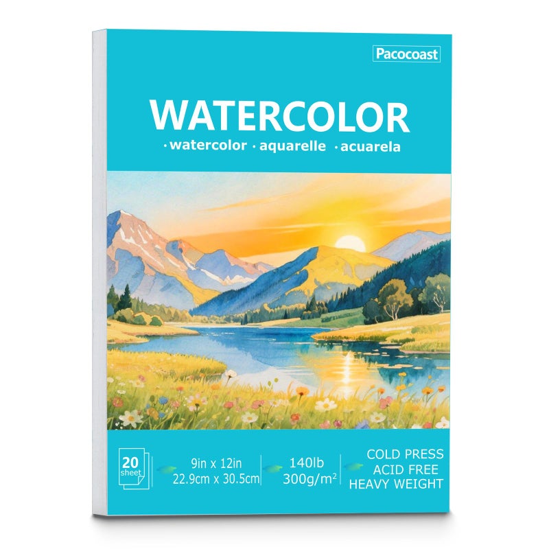 Pacocoast Watercolor Paper, 9"X12" Cold Press Water Color Paper Pad, (300gsm/140lb) Artist Sketchbook for Acrylic, Gouache & Pencil. Painting Drawing Paper Book, Art Supplies for Adults, Teal - Image 1