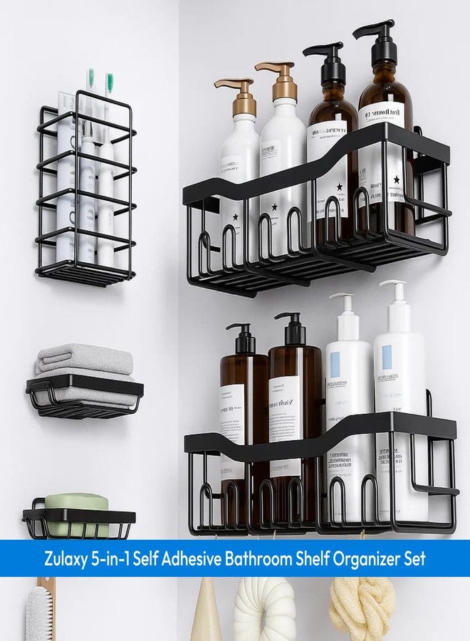 Zulaxy 5 in 1 Self Adhesive Bathroom Shelf Organizer with Soap Holder | Multipurpose Storage Rack Combo for Bathroom & Kitchen | No Drill, Rustproof, Stainless Steel and Waterproof (Set of 5, Black) - Image 2