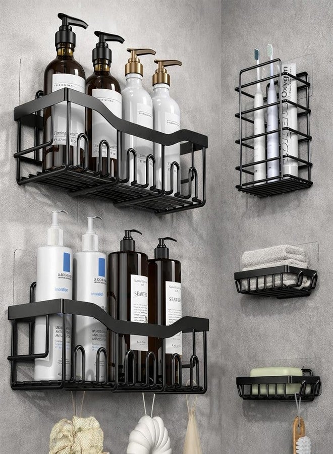 Zulaxy 5 in 1 Self Adhesive Bathroom Shelf Organizer with Soap Holder | Multipurpose Storage Rack Combo for Bathroom & Kitchen | No Drill, Rustproof, Stainless Steel and Waterproof (Set of 5, Black) - Image 1