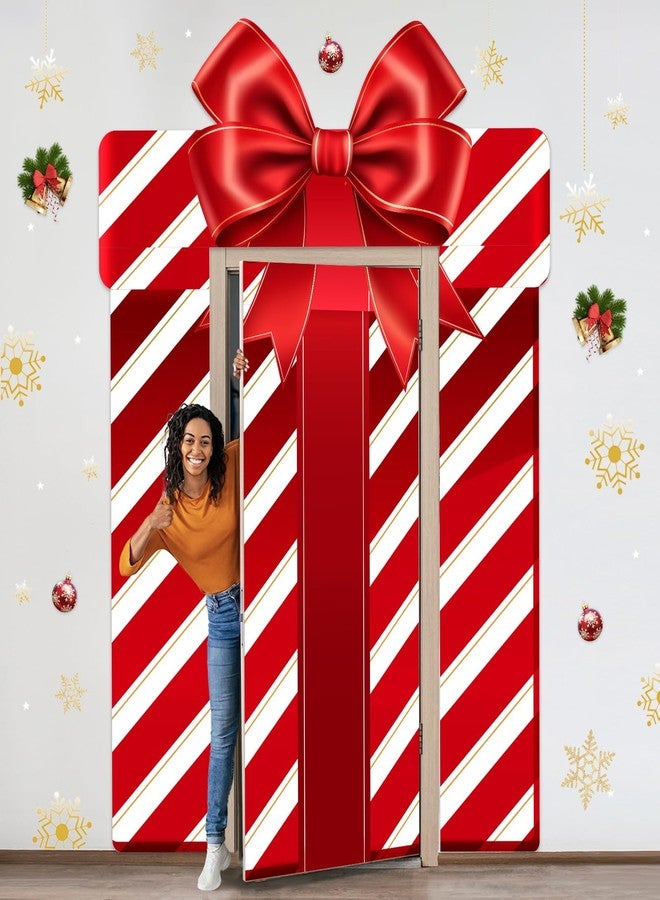 Wiooffen Christmas Door Cover Xmas Gift Box Banner Red Christmas Porch Sign Hanging Background Gift Box Door Decoration Xmas Party Supplies for School Home Office Wall Outdoor Indoor Party Winter Holiday - Image 1