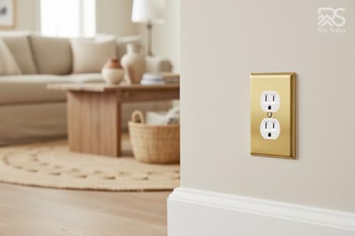 Rio Salto BRASS Signature Collection Brushed Brass Gold Metal Outlet Covers Decorative Light Switch Cover Plate Wall Plate Premium Duplex 1Gang 275 X 450 Standard Size 2Pack - Image 3