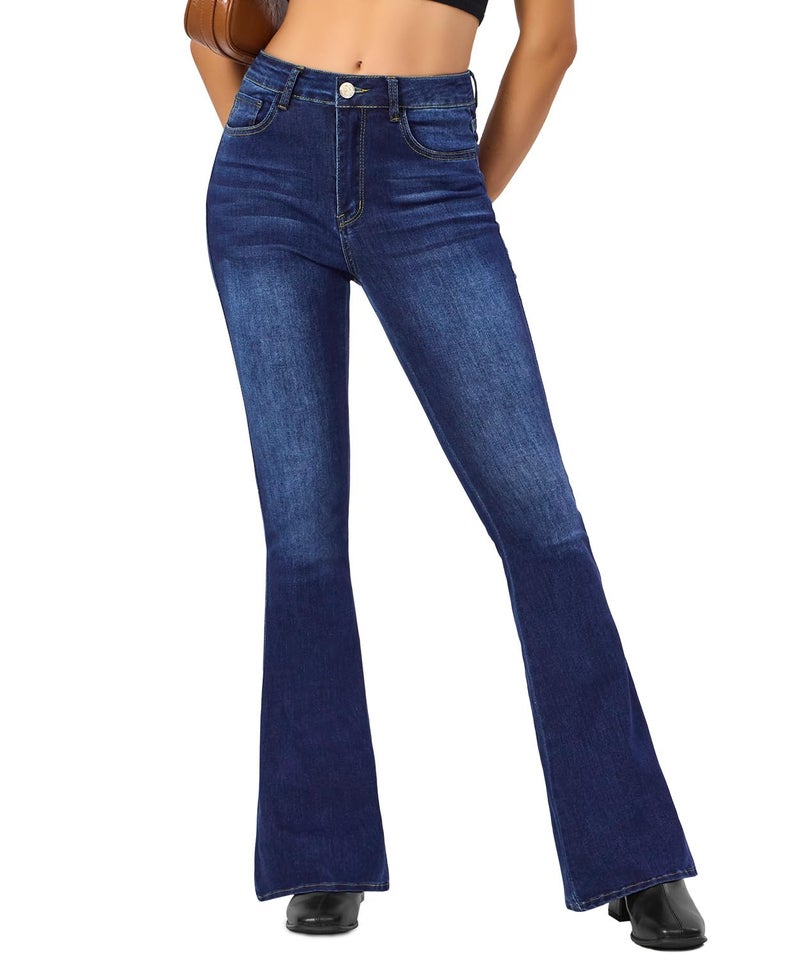 VIPONES Women's Flare Bell Bottom Jeans High Waisted Wide Leg Bootcut Dark Blue Jeans Stretchy Denim Pants - Image 4