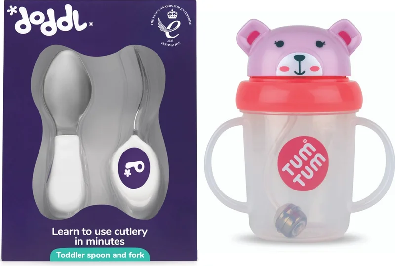 Doddl 2nd Fork Spoon Set Indigo and Tum Tum Weighted Non-Drip Flask / Water Bottle with Straw Betsy Bear