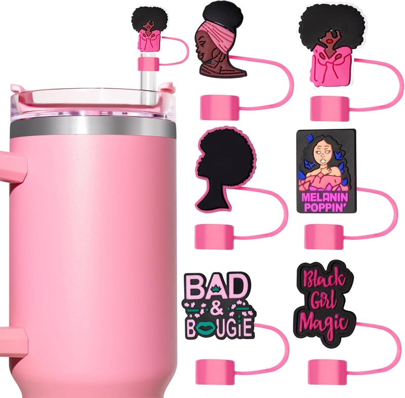 WLEAD 6PCS Pink Black Girl Straw Covers for Stanley Cup，Cute Silicone Straw Topper for 10mm Drinking Straw Tip Covers Stanley Cup Accessories - Image 1
