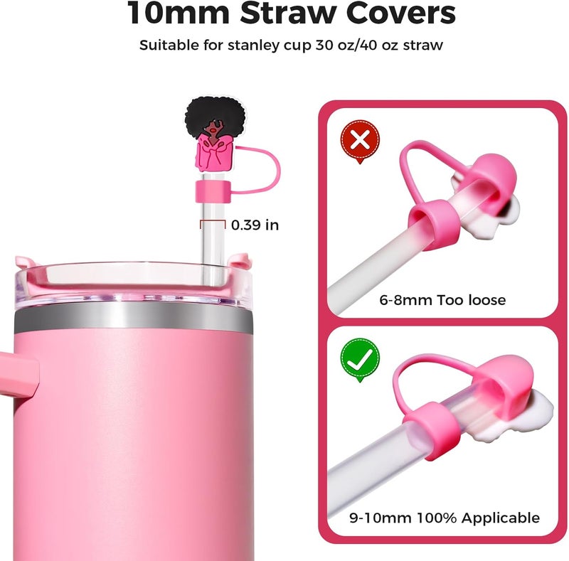 WLEAD 6PCS Pink Black Girl Straw Covers for Stanley Cup，Cute Silicone Straw Topper for 10mm Drinking Straw Tip Covers Stanley Cup Accessories - Image 2