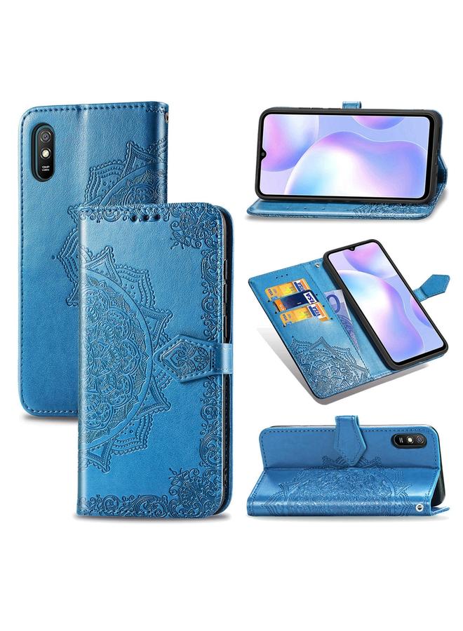 Case For Xiaomi Redmi 9A Halfway Mandala Embossing Pattern Horizontal Flip Leather Case with Holder & Card Slots & Wallet & Lanyard