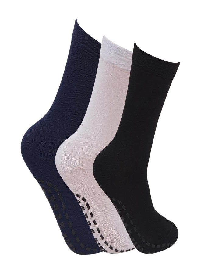 Secure Steps Anti Skid Socks for Men & Women - Non Slip Grip Socks with Rubber Sole | Yoga Temple Gym & Walking Socks | Barefoot Socks for Home Use (Black Blue White) | (Pack of 3) - Image 1