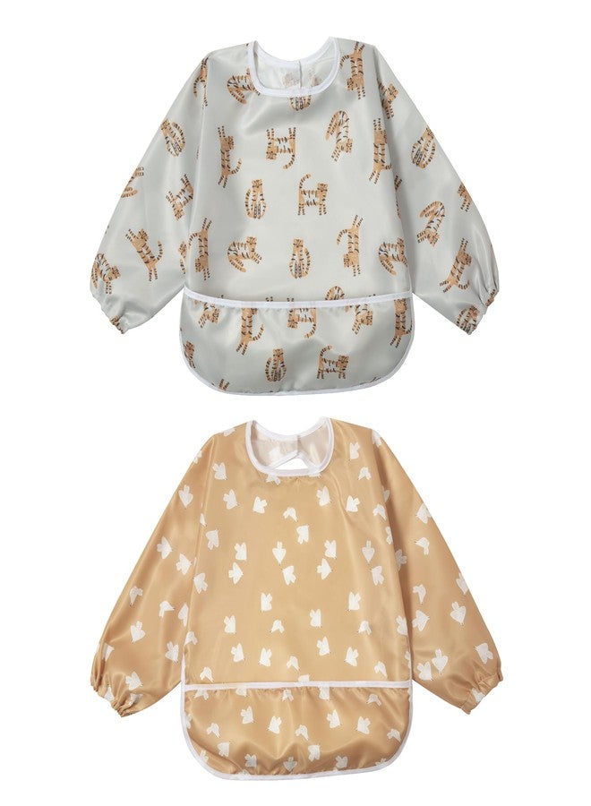 Little Dimsum Mess-Proof Baby Bibs|Infant Toddler Long Sleeve Waterproof Feeding Art Smock|Catching Food & Wipe Clean| Pack of 2 Colors - Image 1