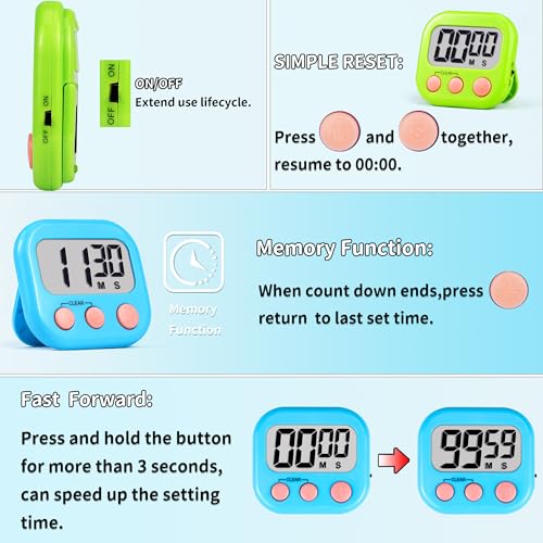 AOUCE Timer for Kids Teachers Digital Kitchen Timers for Cooking Large Magnetic Classroom Timer 2Pack-Blue Green - Image 4