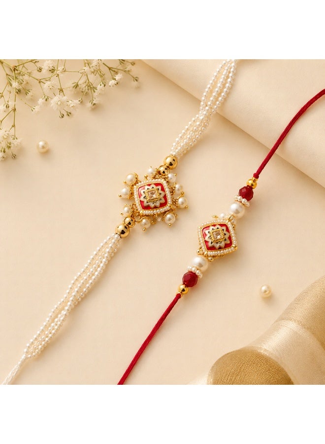 Bhaiya Bhabhi Rakhi Set - Red & Gold Pearl Embellished