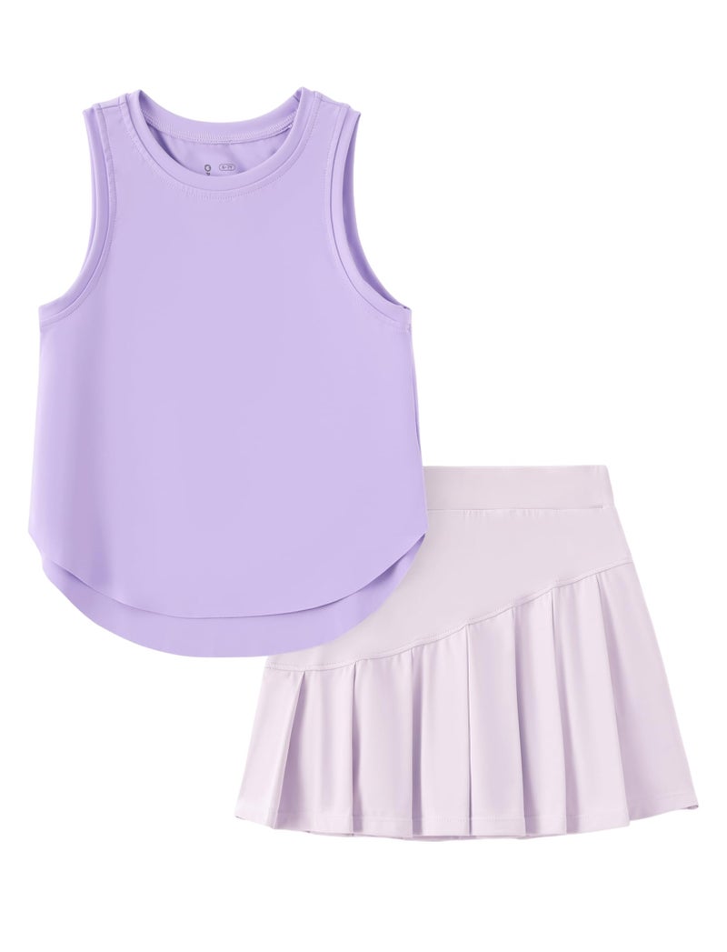 PATPAT Girls 2 Piece Tennis Skirt Set Size 8-9 Purple Tank Tops and Purple Skort Athletic Sets Sleeveless Shirts + High Waisted Pleated Skirt 2 Piece Outfits Little Girls Clothes Dance Outfits - Image 1