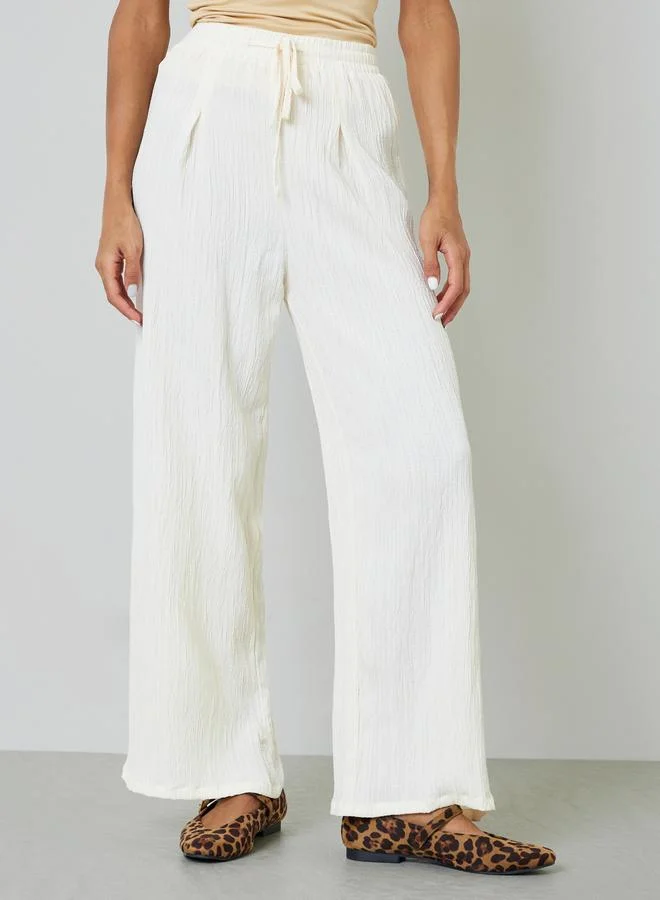 Take Two Cream Wide-Leg Crinkle Trousers