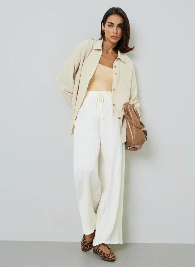 Take Two Cream Wide-Leg Crinkle Trousers