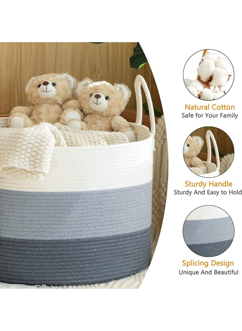 KAKAMAY Large Blanket Basket (20"x13"),Woven Baskets for storage Baby Laundry Hamper,Cotton Rope Blanket Basket for Living Room, Laundry, Nursery, Pillows, Baby Toy chest with Handles (White/Grey) - Image 2