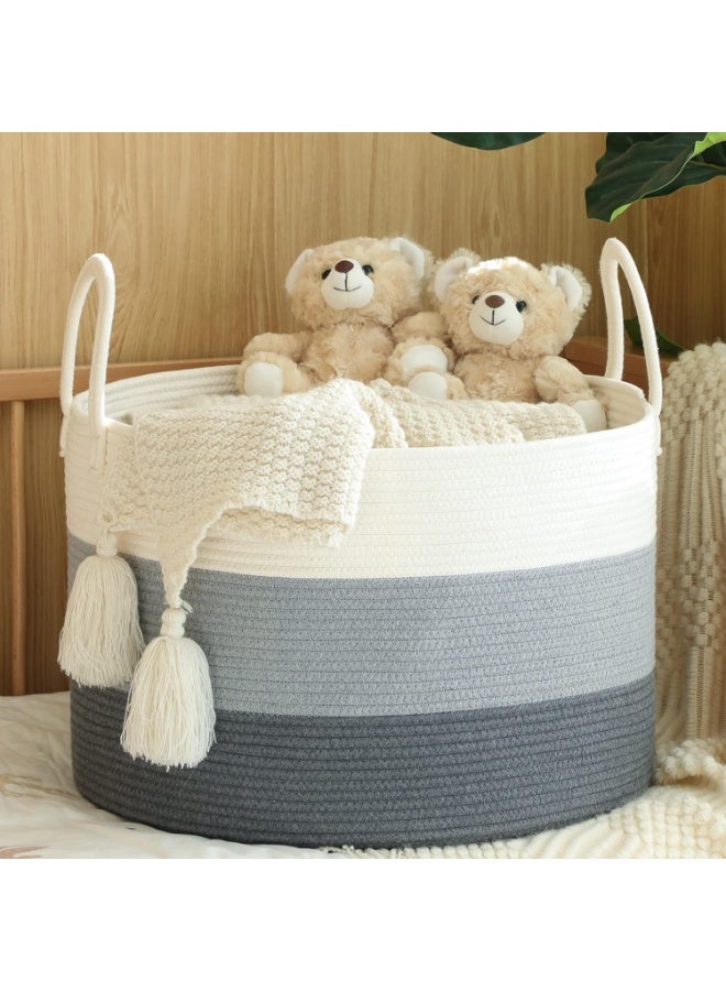 KAKAMAY Large Blanket Basket (20"x13"),Woven Baskets for storage Baby Laundry Hamper,Cotton Rope Blanket Basket for Living Room, Laundry, Nursery, Pillows, Baby Toy chest with Handles (White/Grey) - Image 1