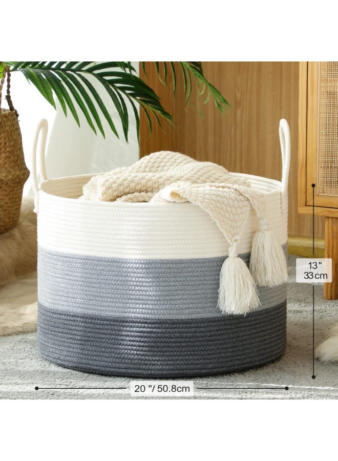KAKAMAY Large Blanket Basket (20"x13"),Woven Baskets for storage Baby Laundry Hamper,Cotton Rope Blanket Basket for Living Room, Laundry, Nursery, Pillows, Baby Toy chest with Handles (White/Grey) - Image 3