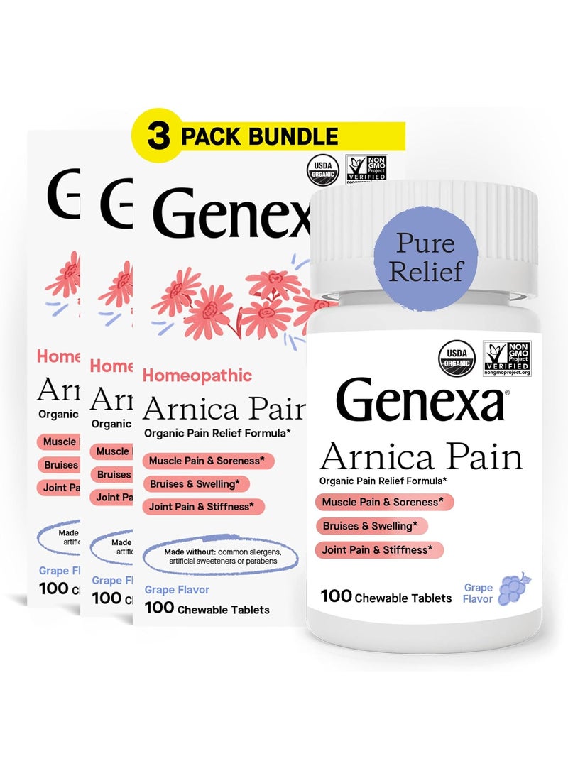 Genexa Genexa Arnica Tablets for Pain Relief Formula | Alleviate Muscle & Joint Pain, Soreness, & Stiffness | Delicious Organic Grape Flavor | Homeopathic Remedy Made Clean | 300 Chewable Tablets (3 Pack) 