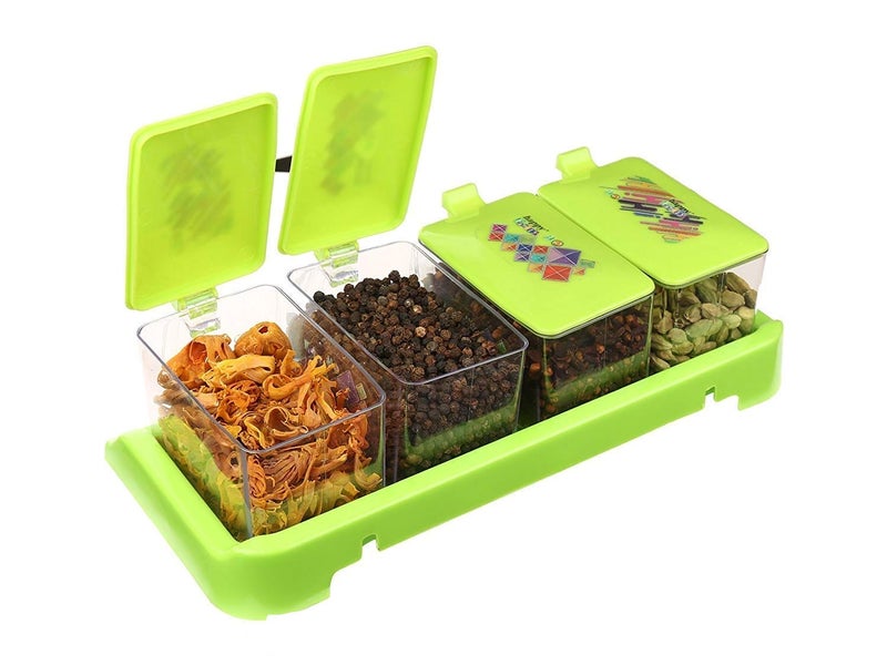 Nabhya Spice Rack Plastic Seasoning Box Set Kitchen Storage Jar Container With Spoon And Serving Tray - 500 ml Plastic Grocery Container - 500 ml Plastic Grocery Container (4 Piece Set, Green) - Image 1